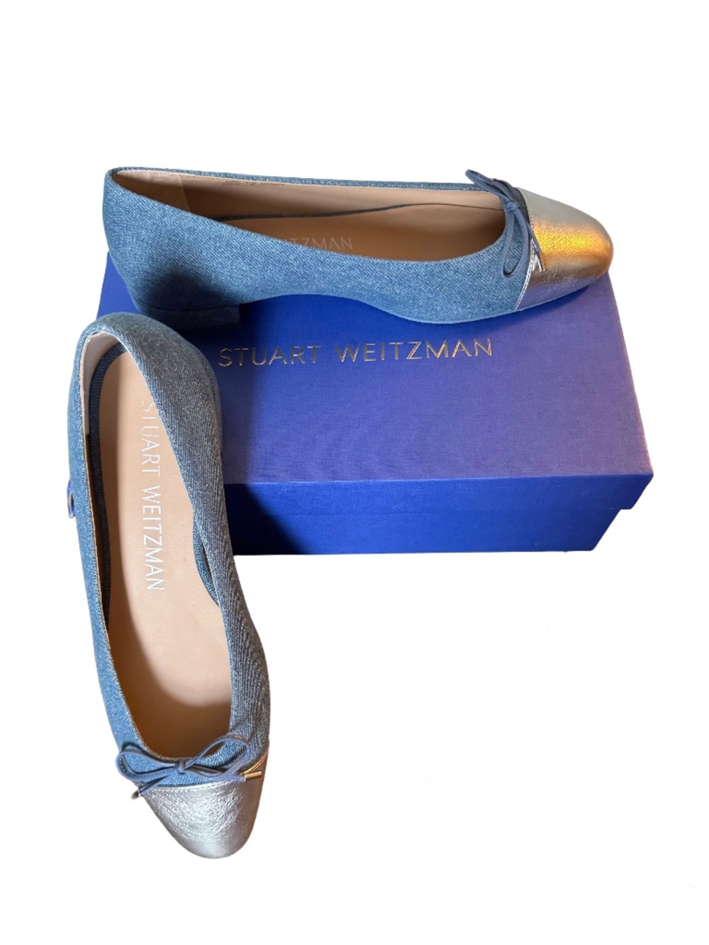 Stuart Weitzman Sleek Bow Denim Ballerina Flat Silver Cap Toe Size 9 - Picture 7 of 7